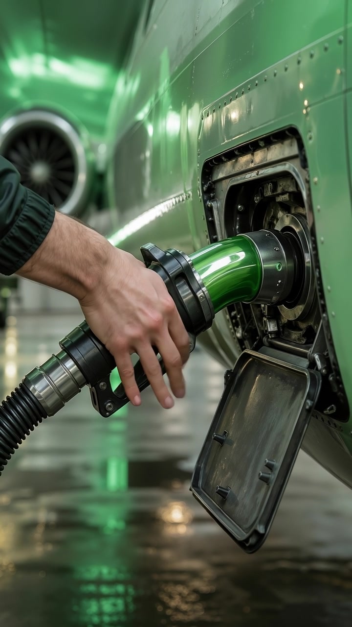 Primo piano di una mano che inserisce un ugello del carburante in un aereo futuristico verde per il rifornimento.