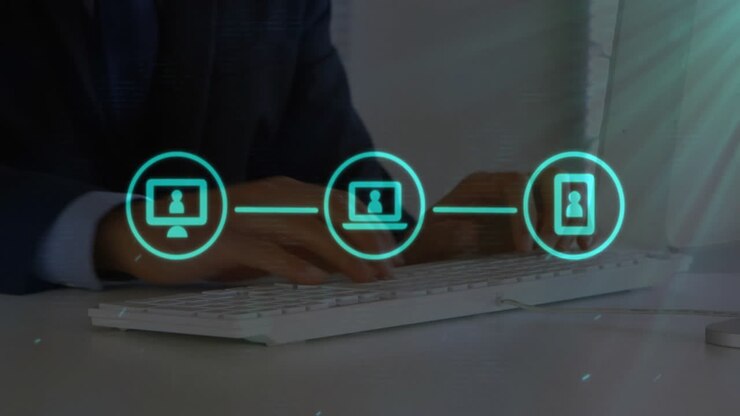 Animation of network of connections over biracial businessman typing on keyboard in office