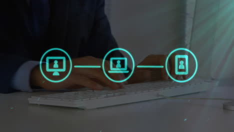 animation of network of connections over biracial businessman typing on keyboard in office