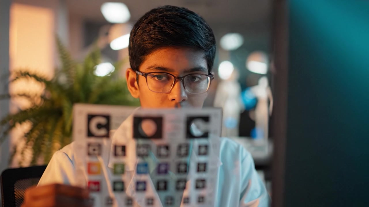 Focused Young Male in Lab Coat Analyzing Data on Computer while Holding Vision Test Sheet in a Modern Laboratory Setting with Soft Lighting
