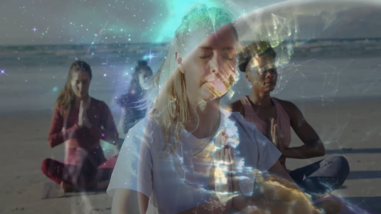Faint lights drifting into view over yoga trio deepening meditation with stars, Earth globe overlay