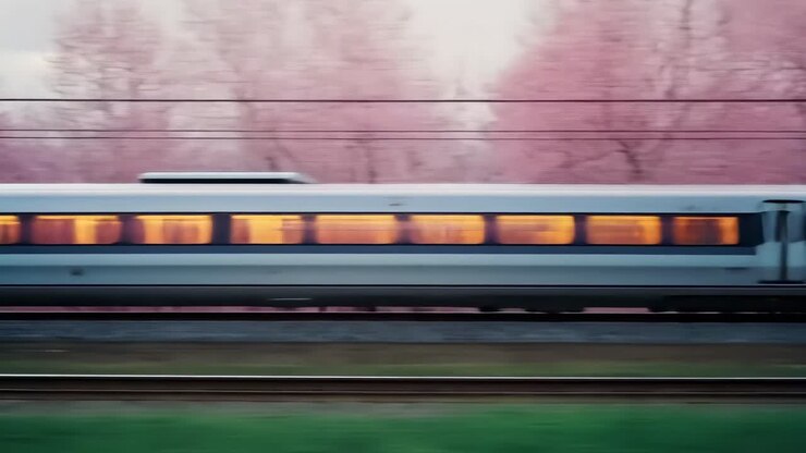 Side view of a speeding bullet train with blurred cherry blossoms, creating a dynamic video effect
