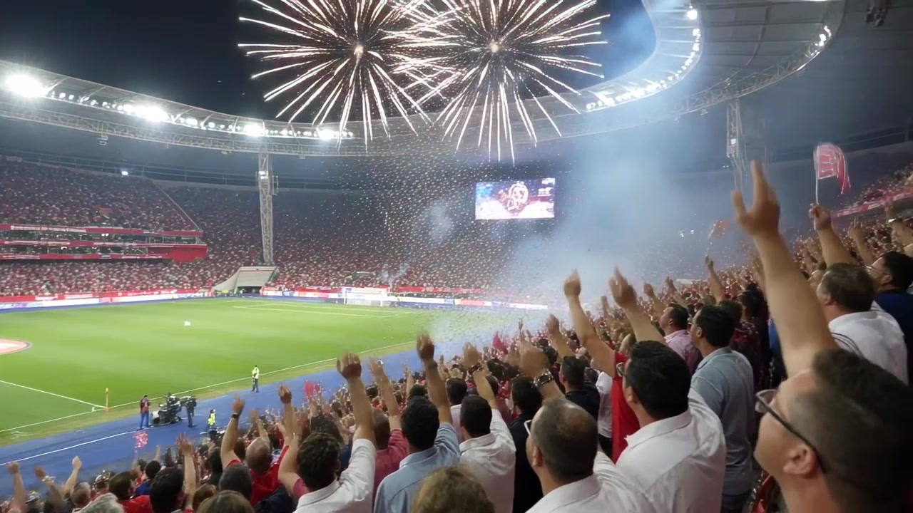 Aficionados animando con equipaciones rojas, levantando los brazos, celebrando una victoria en el estadio, con pirotecnia encendiéndose y espacio para texto.