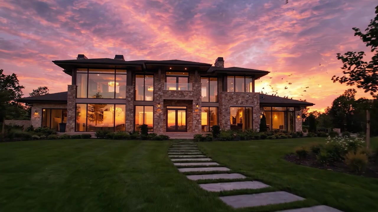Stunning Sunset Over Modern Architectural Residence with Expansive Glass Facades and Lush Green Lawn, Capturing the Majestic Colors of Dusk