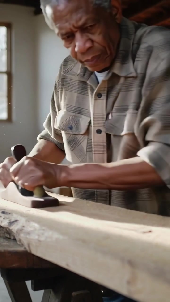 Vertical video: Gripping plane senior maker in plaid shirt planing plank by window, smoothing board