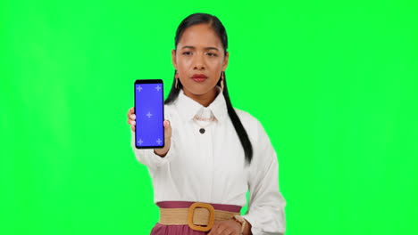 Teléfono,-Pantalla-Verde-Y-Triste-Con-Mujer-De-Negocios