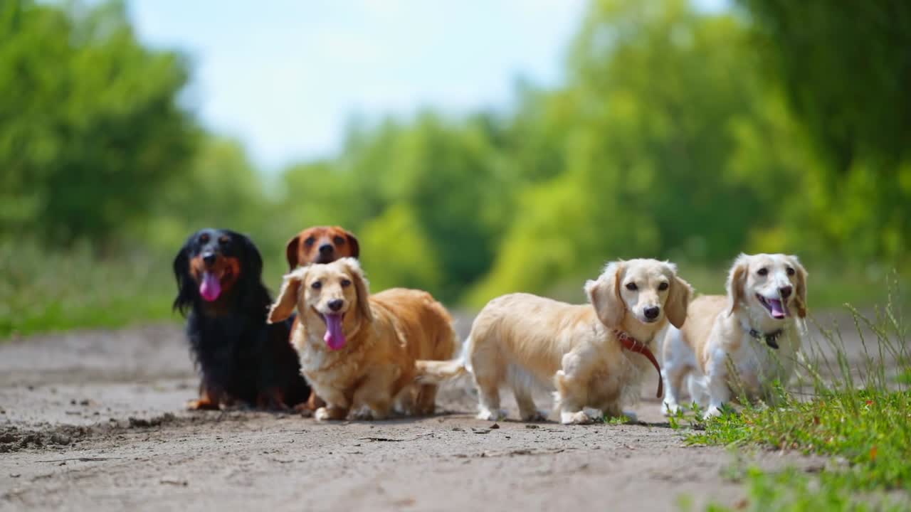 Pedigree dogs on ground. Portrait of five dachshunds on blur background outdoors. Beautiful pet dogs of different colors.