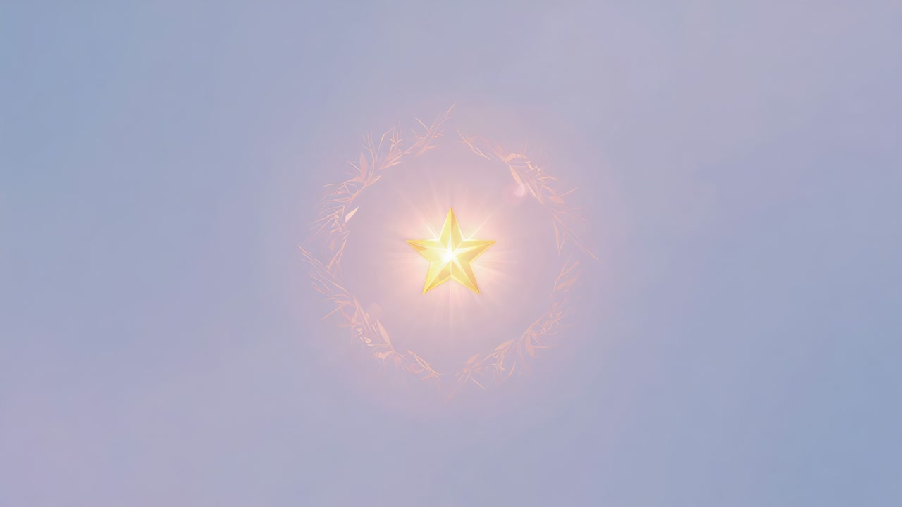Starting clip showing golden five-point star pulsing in pale lavender sky, with pink-orange halo