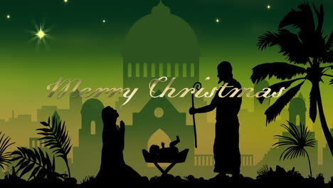 animation of feliz navidad text over nativity scene on green background