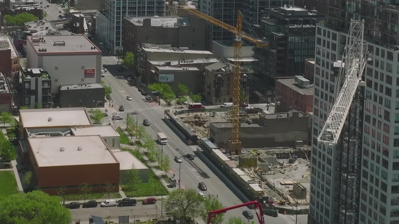 Aerial view of urban construction in Chicago highlighting city development