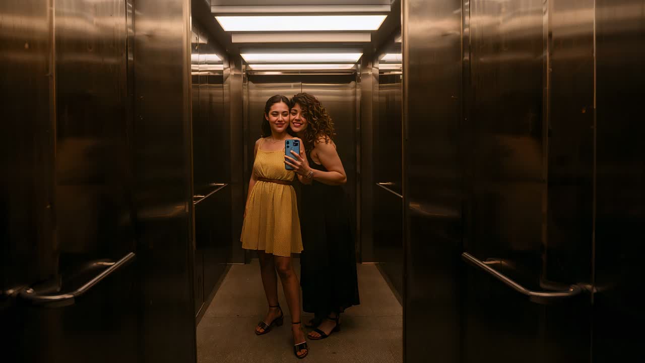 Mujer con un vestido negro levanta un teléfono azul y lo inclina mientras posa para un selfi frente al espejo del ascensor