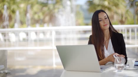mujer atractiva trabajando desde un patio al aire libre