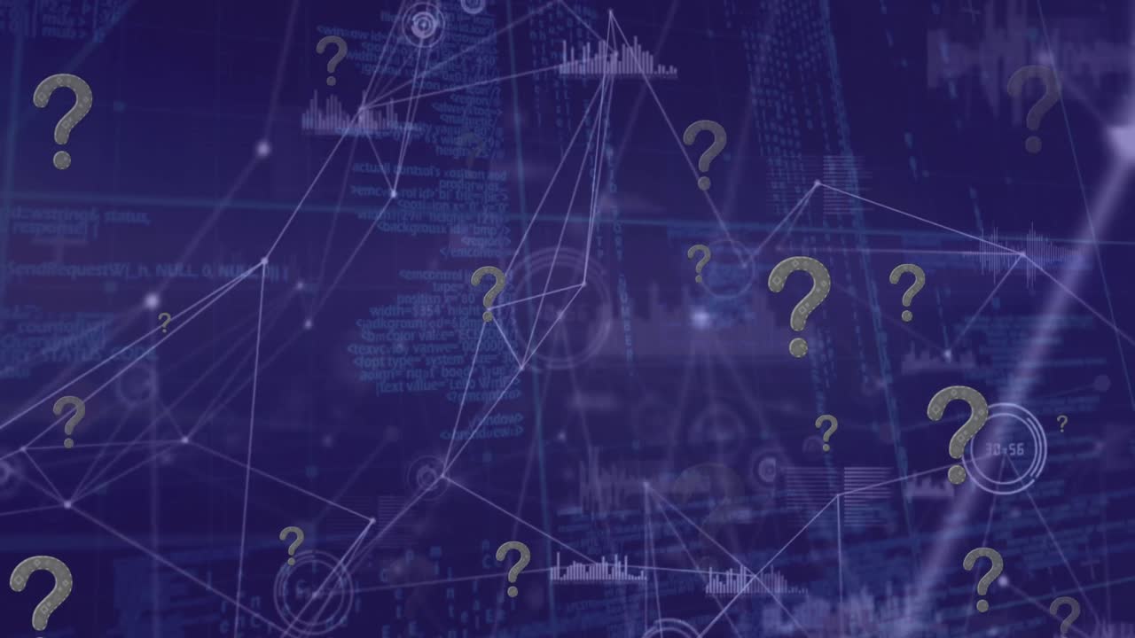 검은색 배경에서 연결 네트워크와 데이터 처리를 통해 질문 표시 아이콘의 애니메이션