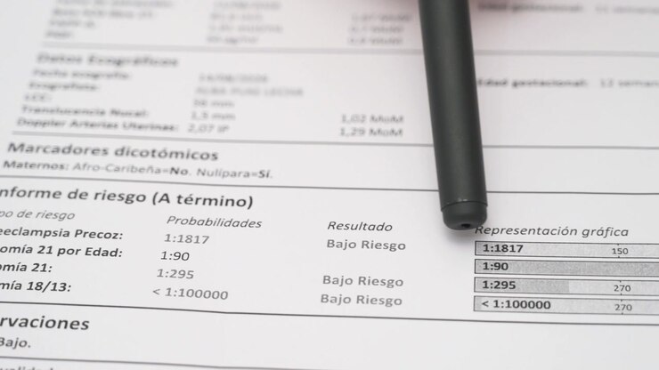 Close up of pen pointing at pregnancy screening report with risk bar chart