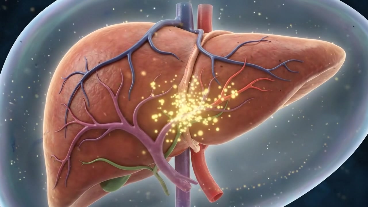 Detailed human anatomy scene of human liver with liver tissue shown with internal vessels in cross section in a professional medical render