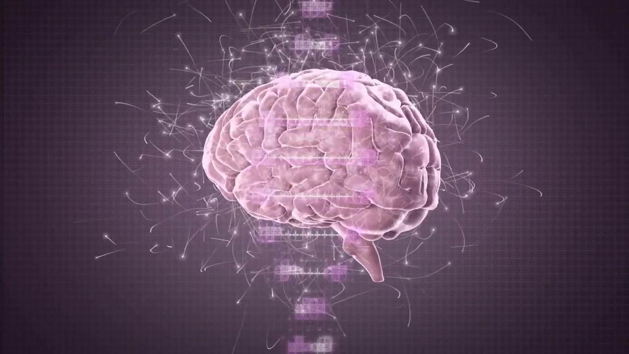 Brain model appearing triggers DNA helix forming, rotating as lines flickering showing connections