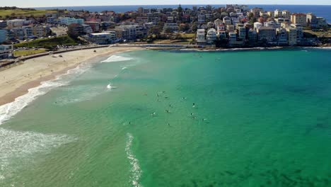 surfers surfing at clear blue water of sea near bondi beach with ben buckler suburb in the distance