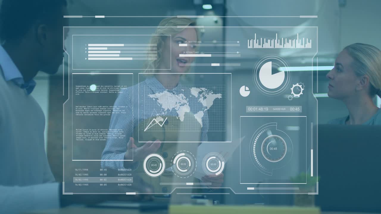 Presenter pointing at dashboard while line graph and pie chart animating explaining business data