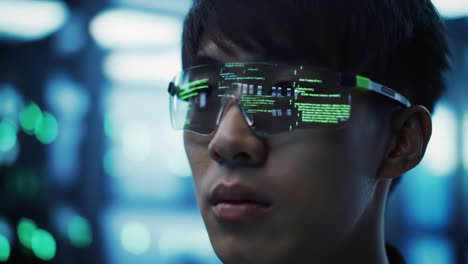 a focused individual wearing smart glasses with digital overlays, intently analyzing information in a high-tech environment filled with glowing screens and data streams