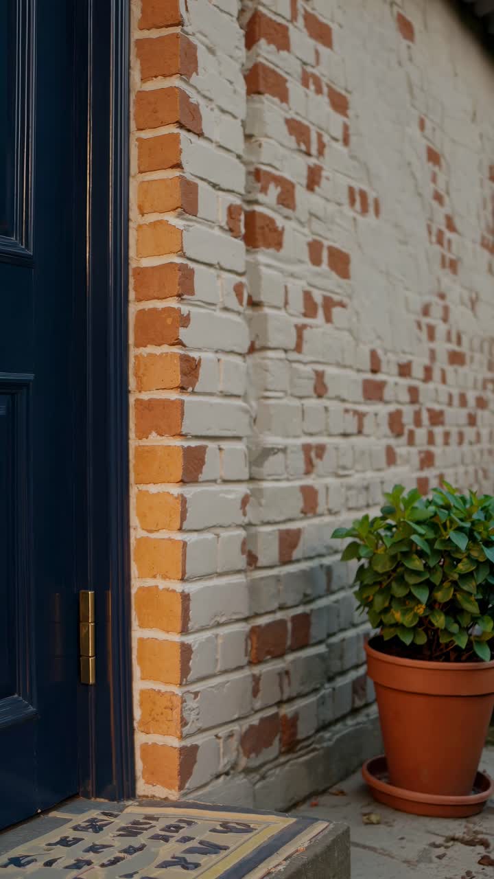 A close-up video angle captures a rustic brick wall and navy door, complemented by a potted plant