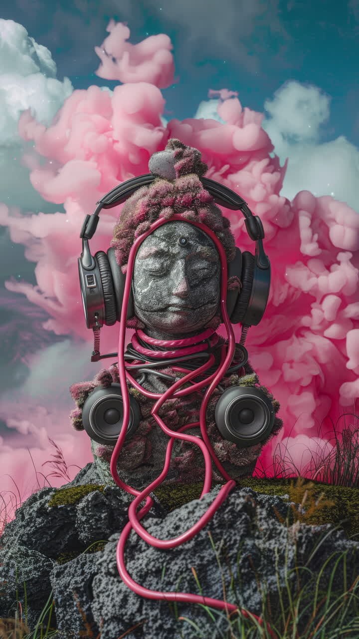 ancient stone heads wearing headphones on an island generative art