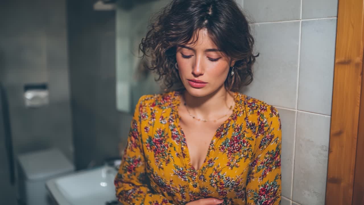 Un momento contemplativo catturato in una luce soffusa, che mostra la profondità emotiva e la vulnerabilità del soggetto in un accogliente ambiente bagno con abbigliamento floreale.