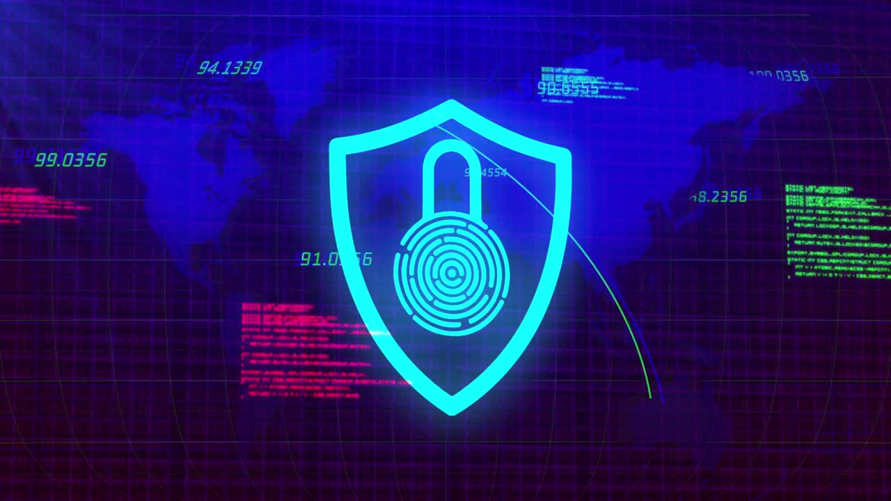 Animation of digital shield with padlock over blue background with world map