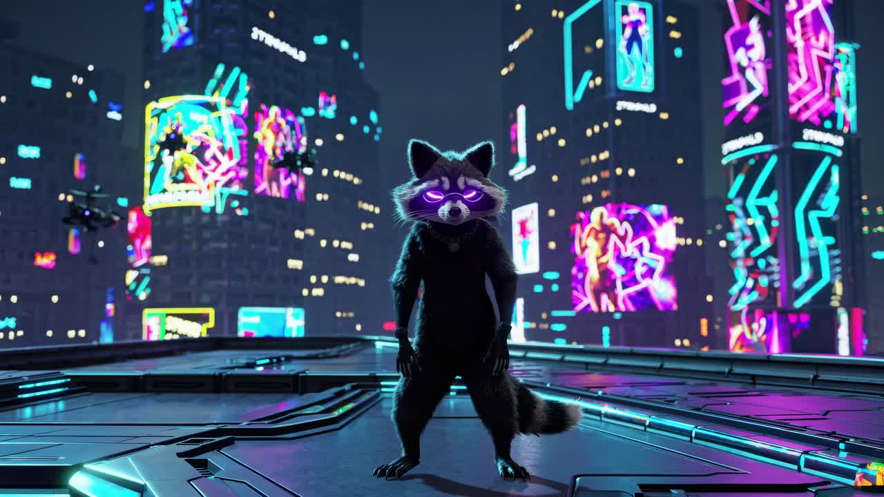 Raccoon in Cyberpunk City