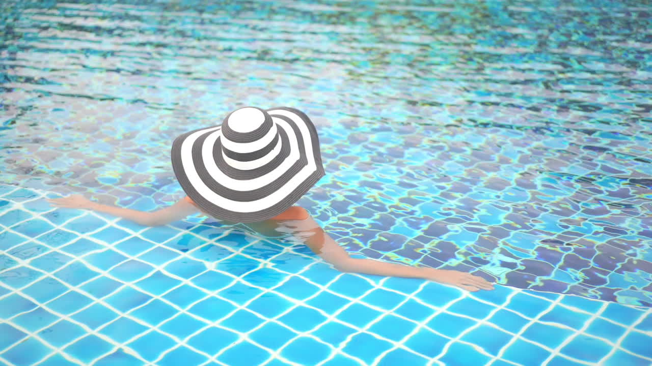 Glamourous Woman With Floppy Hat Relaxing in Swimming Pool, Back View Full Frame