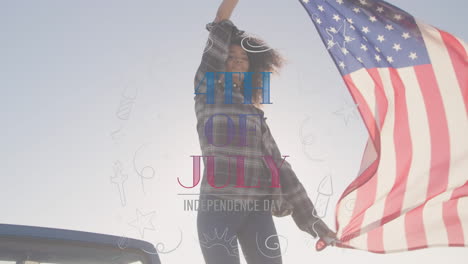 young biracial woman dancing and holding us flag with independence date foreground