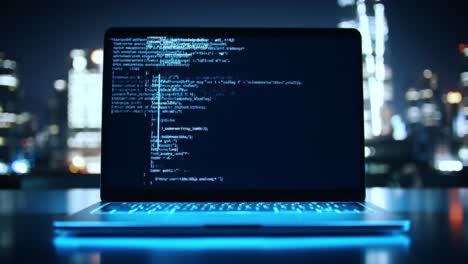 laptop with coding screen at night