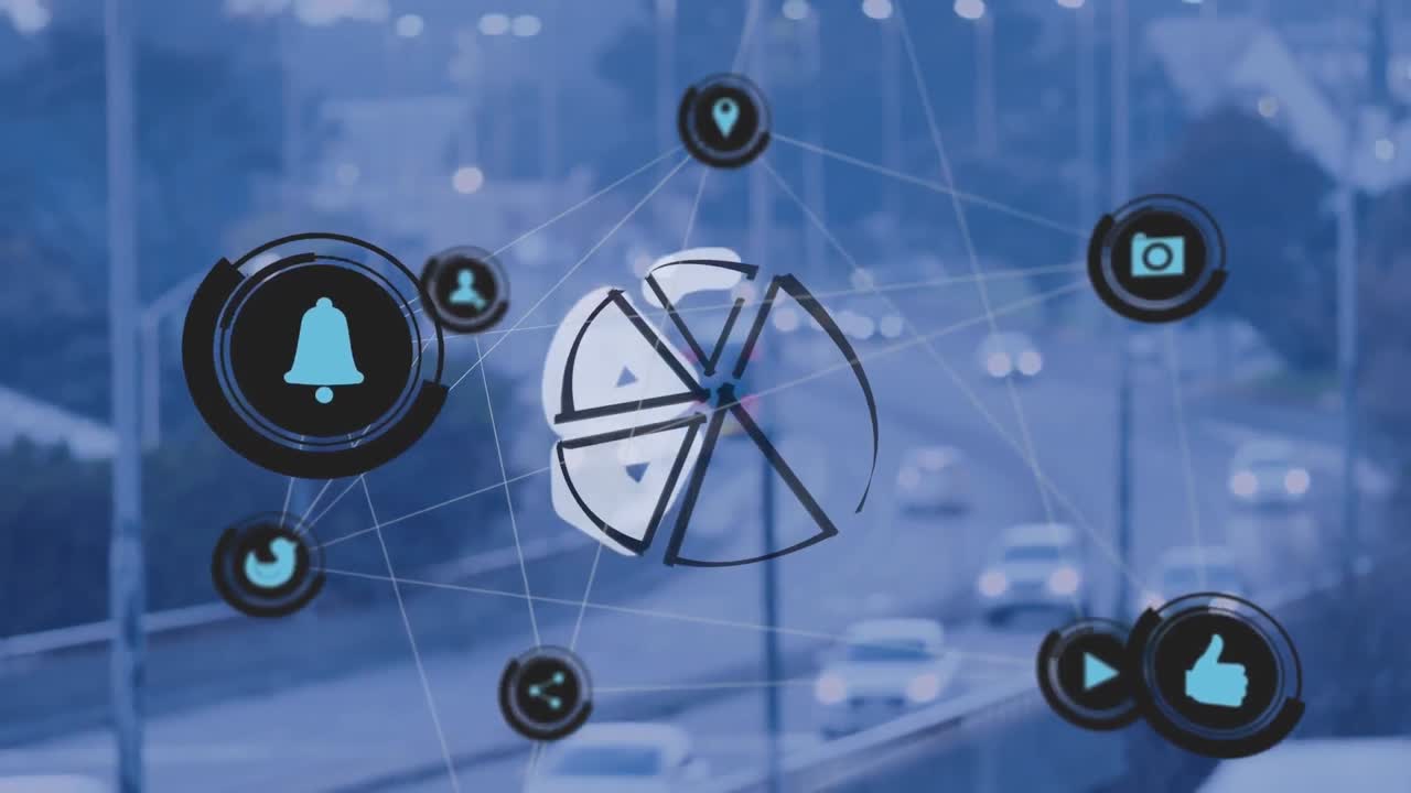 animación de iconos de usuario y conexiones sobre el tráfico por carretera