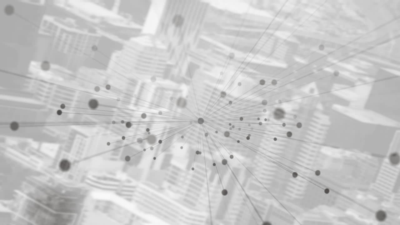 Animation of networks of connections with grey spot with cityscape in background