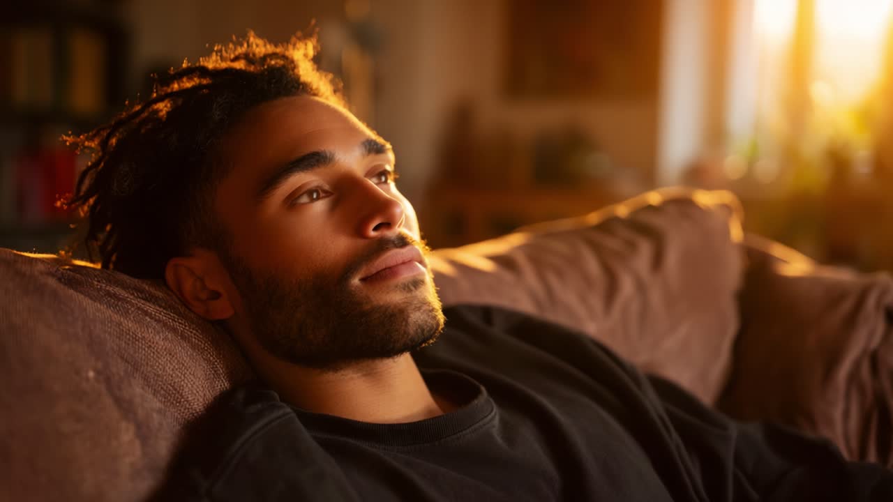 En ung mann slapper av på en sofa badet i varmt kveldslys, som reflekterer ro og komfort i et koselig innemiljø