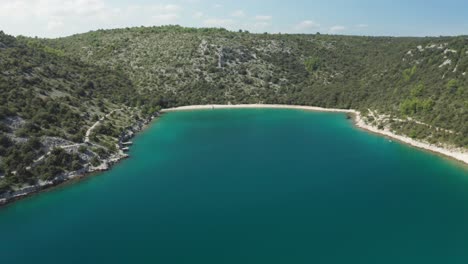 Aerial-panorama-shot-of-Luca-beach,-Croatia