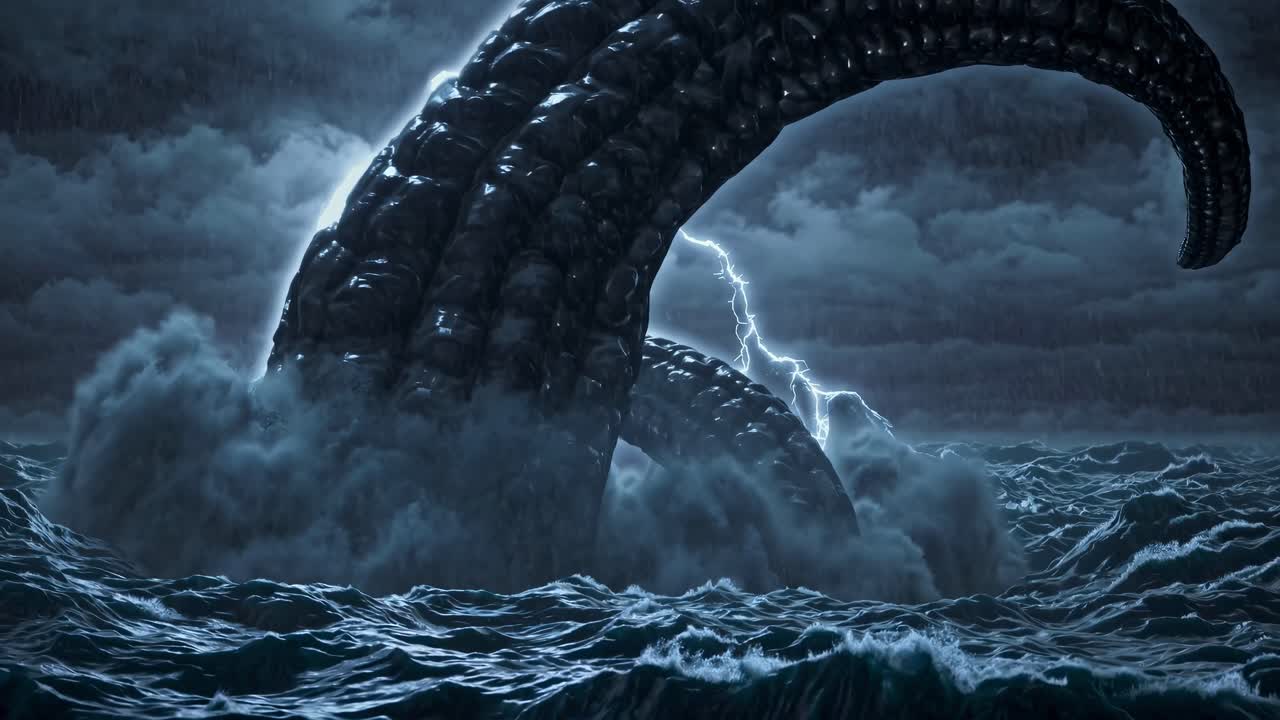 Dramatic video concept of a giant sea creature's tentacle emerging from stormy waters