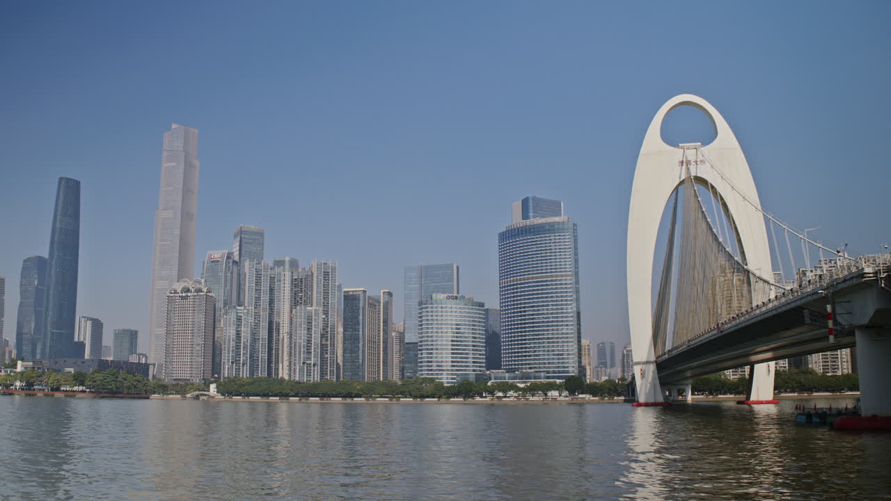 Modern City Skyline with River and Iconic Bridge on a Clear Day