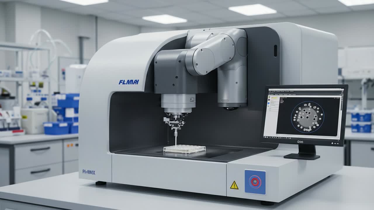 Advanced Automation in Action: A High-Tech Robotic Arm Manipulating a Precision Instrument in a State-of-the-Art Laboratory Setting
