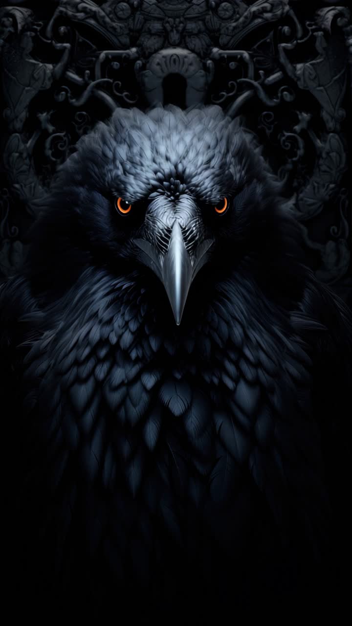 Close-up de um corvo com olhos expressivos, capturado em um ângulo frontal