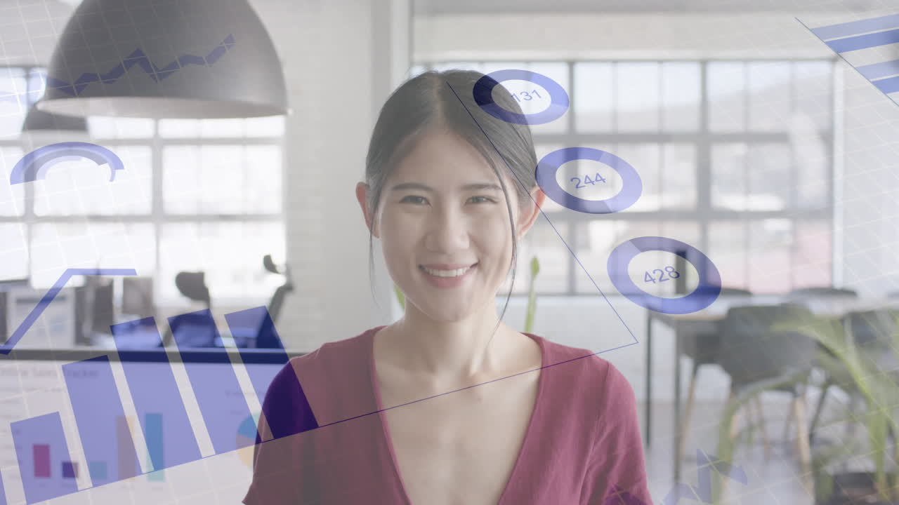 Animation of financial data processing over portrait of asian businesswoman at office