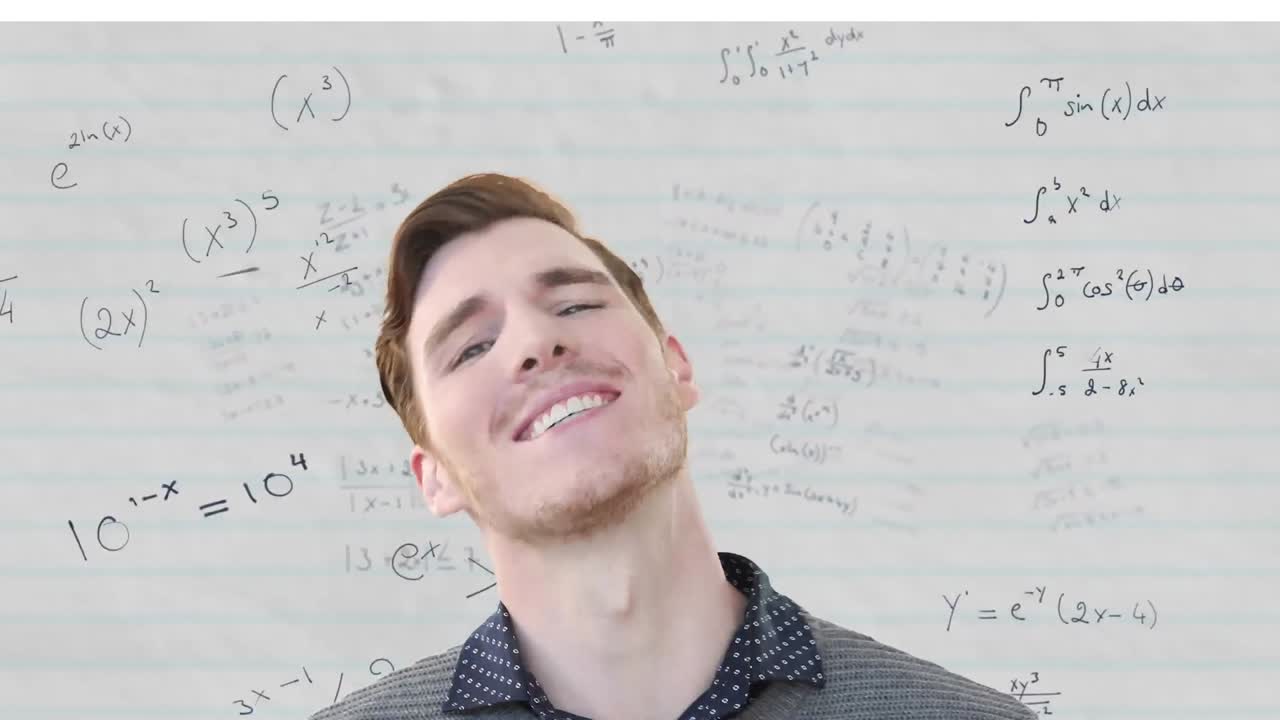 animación de un maestro caucásico sonriente sobre ecuaciones matemáticas