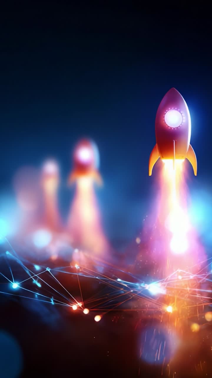 A Captivating Journey Through Space: Rockets Launching into the Unknown with Dynamic Colors and Energetic Flames Lighting Up the Digital Universe