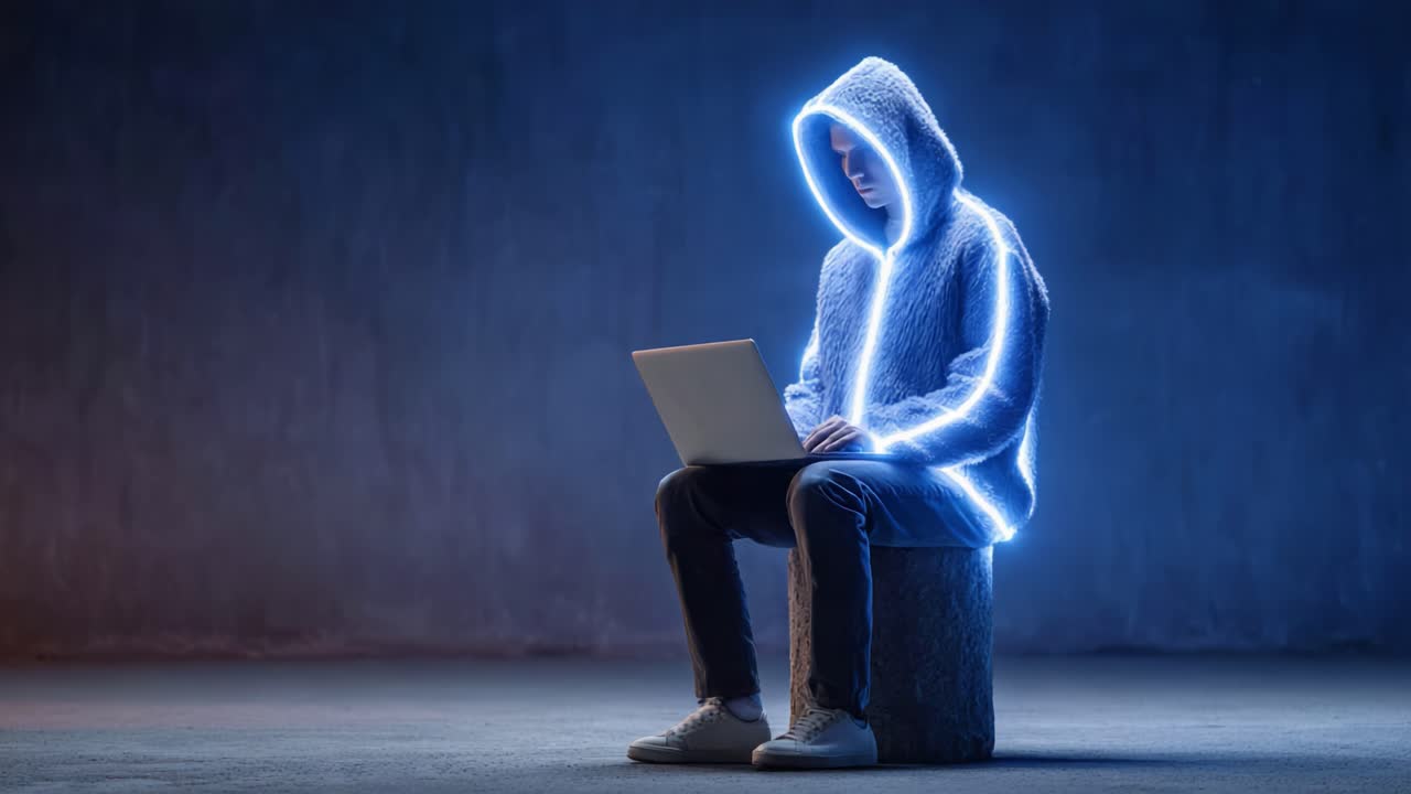 A Mysterious Figure Enveloped in Glowing Light Engaged with a Laptop, Illuminating the Dark Atmosphere with a Futuristic Vibe and Intriguing Aura