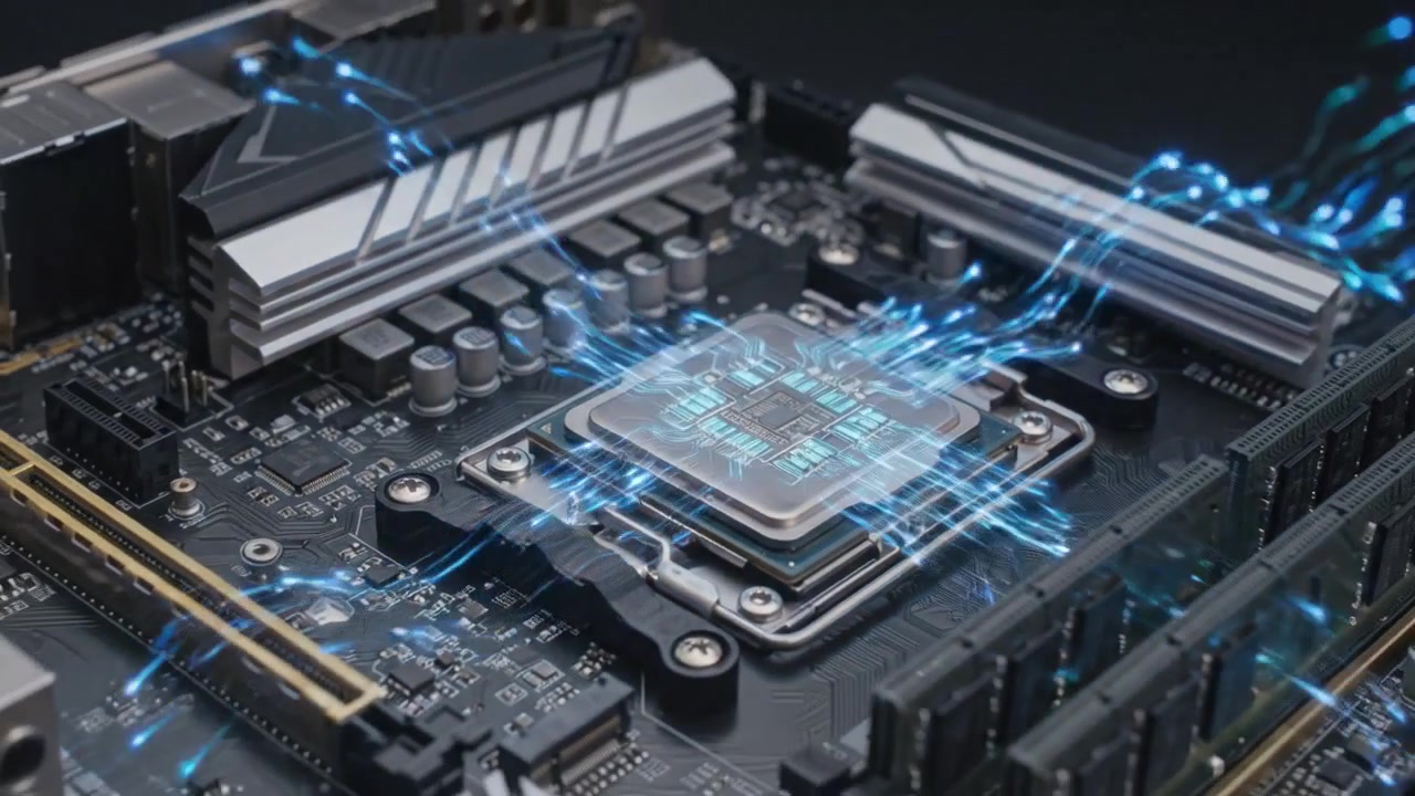 Futuristic blue electronic pathways forming an advanced data circuit grid