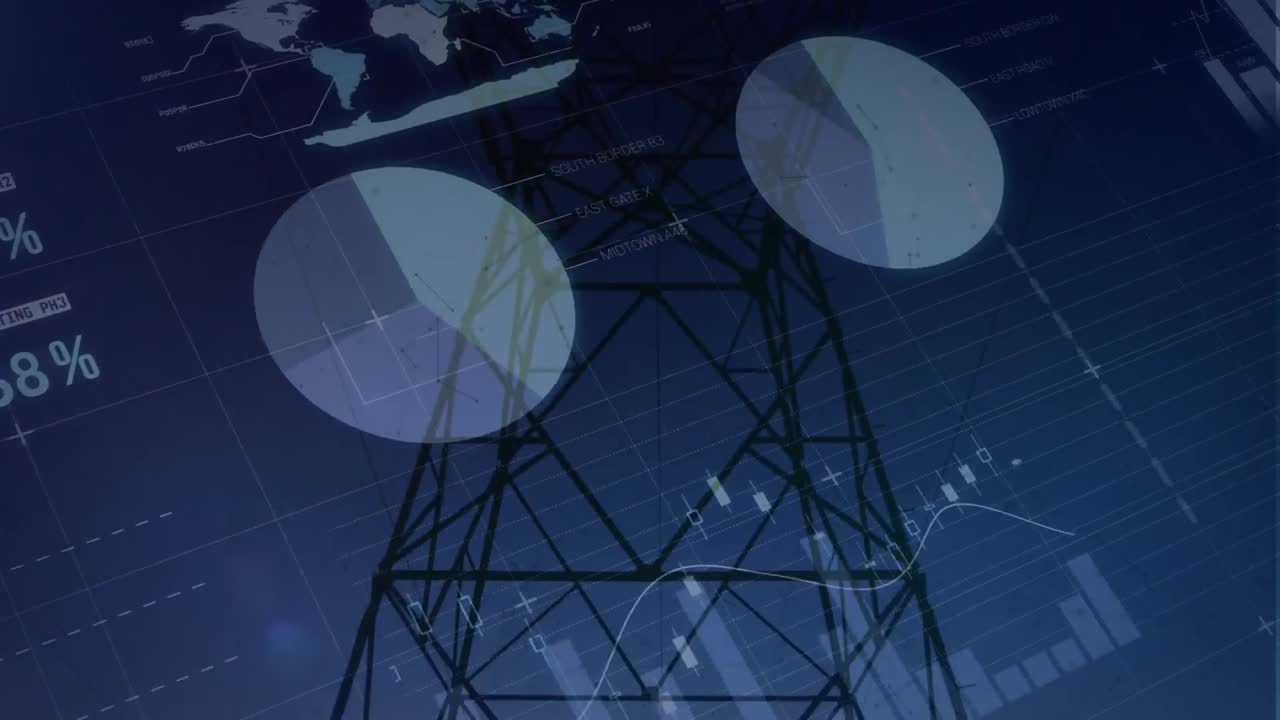 animación del procesamiento de datos estadísticos sobre la torre de la red contra el cielo al atardecer.