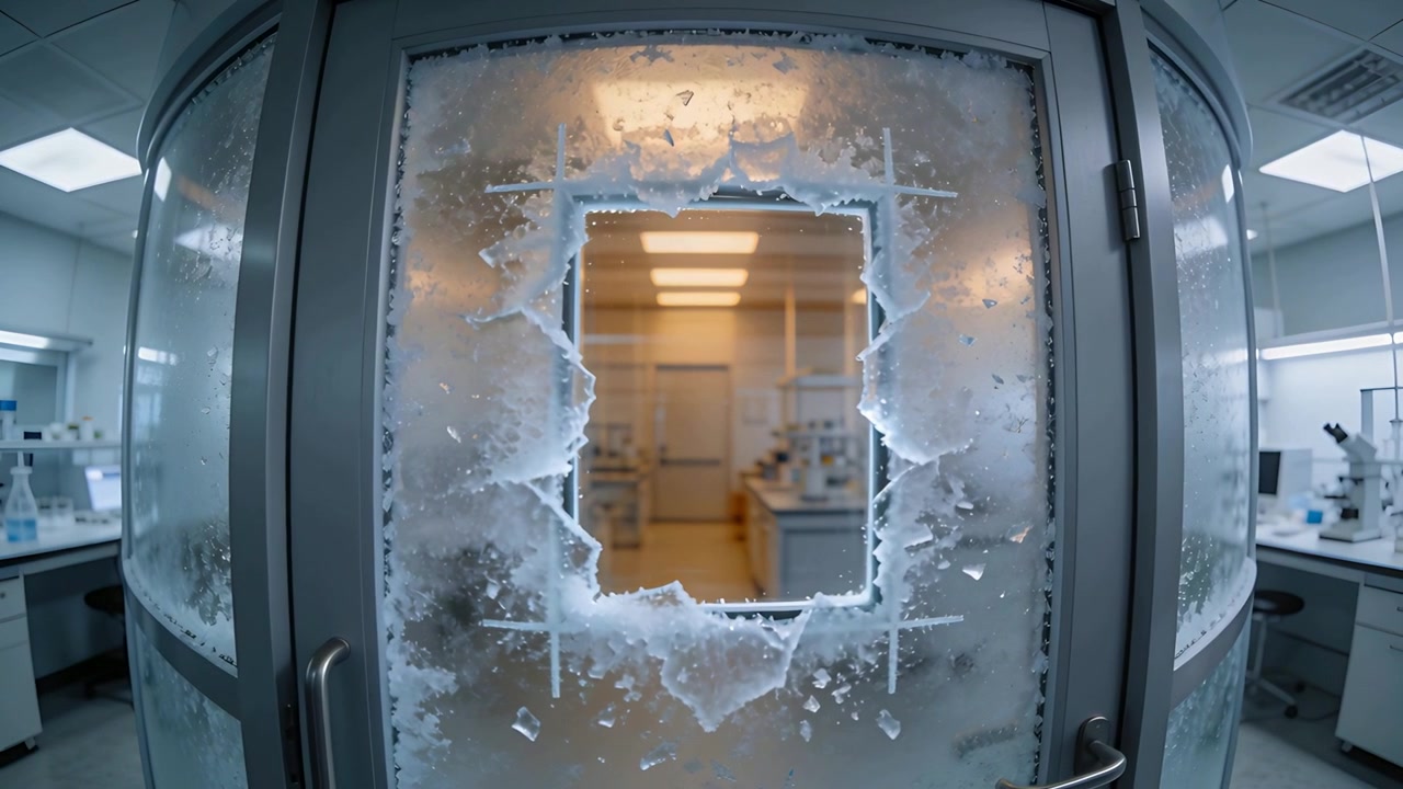Il gelo si allenta, la porta della camera di vetro rivela una breccia quadrata verso un laboratorio caldo, spargendo frammenti taglienti