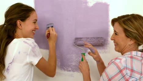 mother and daughter joking with paint