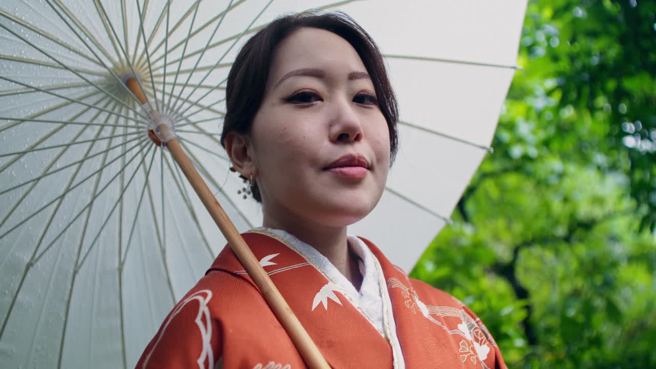 Woman in Traditional Japanese Kimono with Umbrella