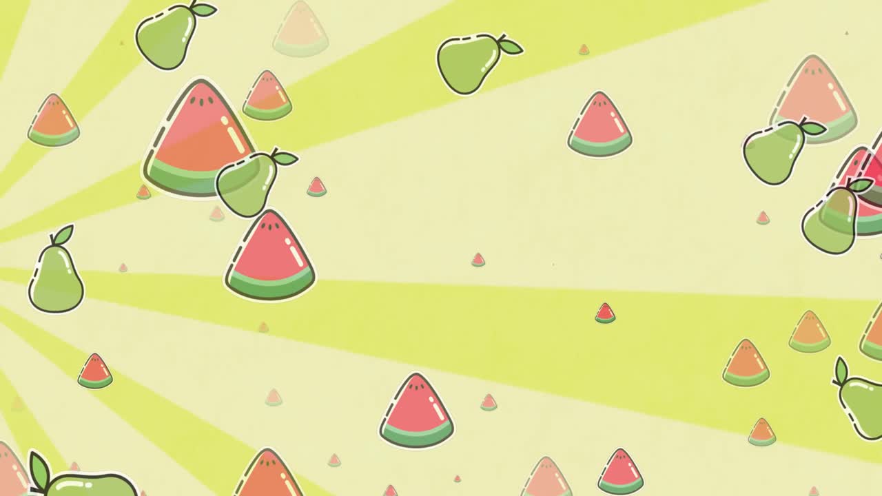 animación de frutas que caen sobre un fondo de rayas amarillas