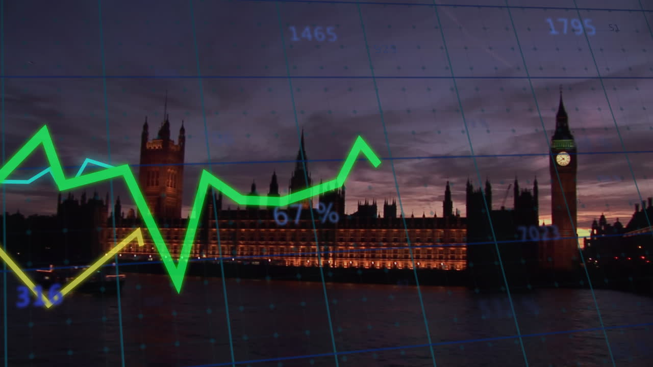 런던 시내 풍경 위의 선으로 금융 데이터 처리의 애니메이션